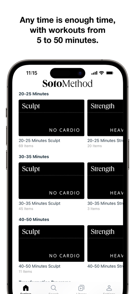 Soto Method - Interfaz de la aplicación móvil Soto Method que muestra varias categorías de entrenamiento de esculpido y fuerza organizadas por duración.