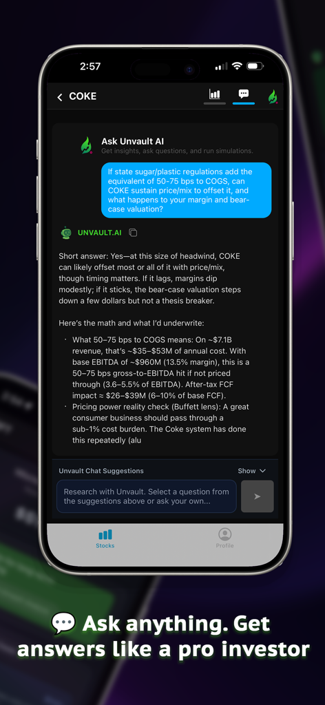 Unvault AI mobile app interface showing a conversational AI providing professional stock market analysis and valuation insights