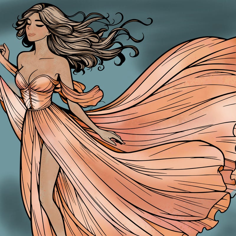 realistic woman in dress flowing the the wind