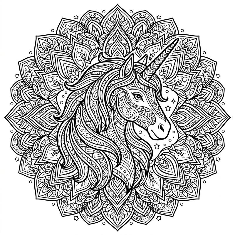 Explore the magic of this intricate Unicorn Zentangle Mandala coloring page. Immerse yourself in complex patterns and bring this mythical creature to vibrant life.