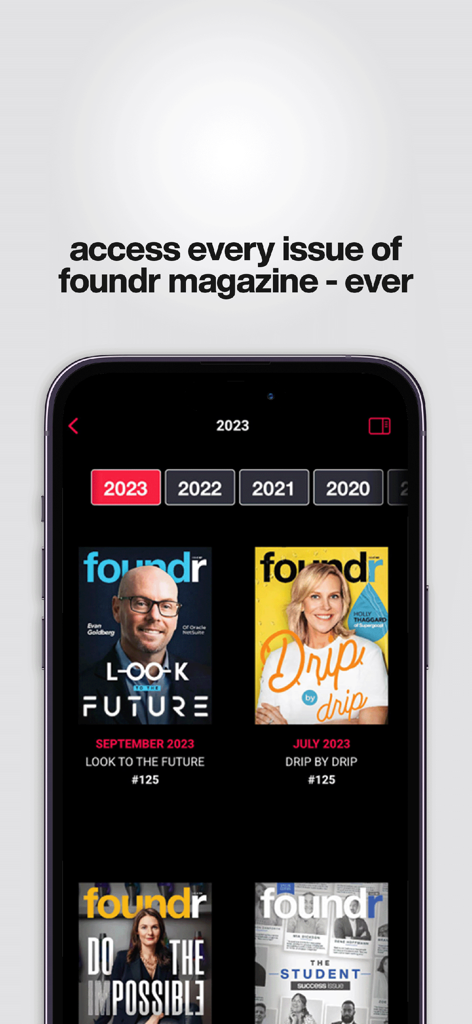 Interface of Foundr Magazine app showing a searchable archive of past issues organized by year
