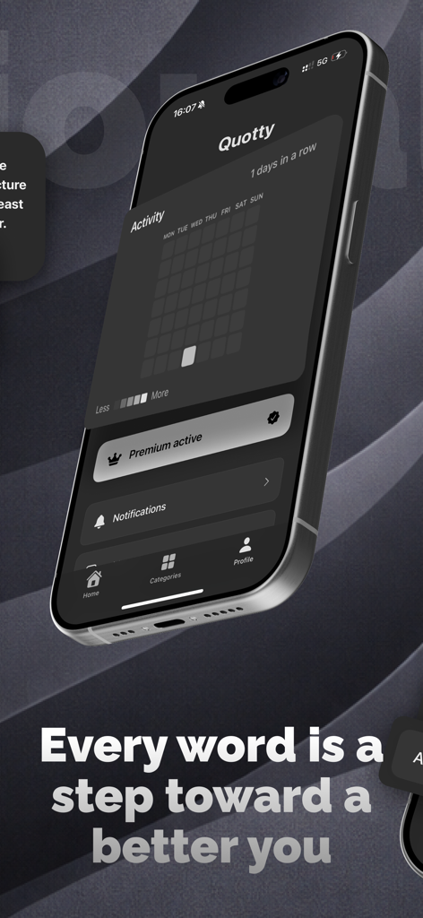 Quotty: Motivational quotes - Interfaz de perfil de actividad de la aplicación Quotty que incluye un rastreador de actividad de citas diarias y estado de cuenta premium en un tema oscuro moderno