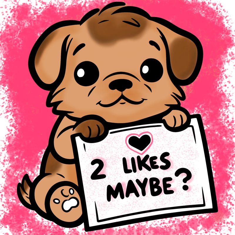 a puppy holding a sign that says 2 likes maybe?