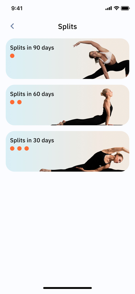 Mobile app interface showing three splits training programs for 30, 60, and 90 days with illustrative yoga poses.