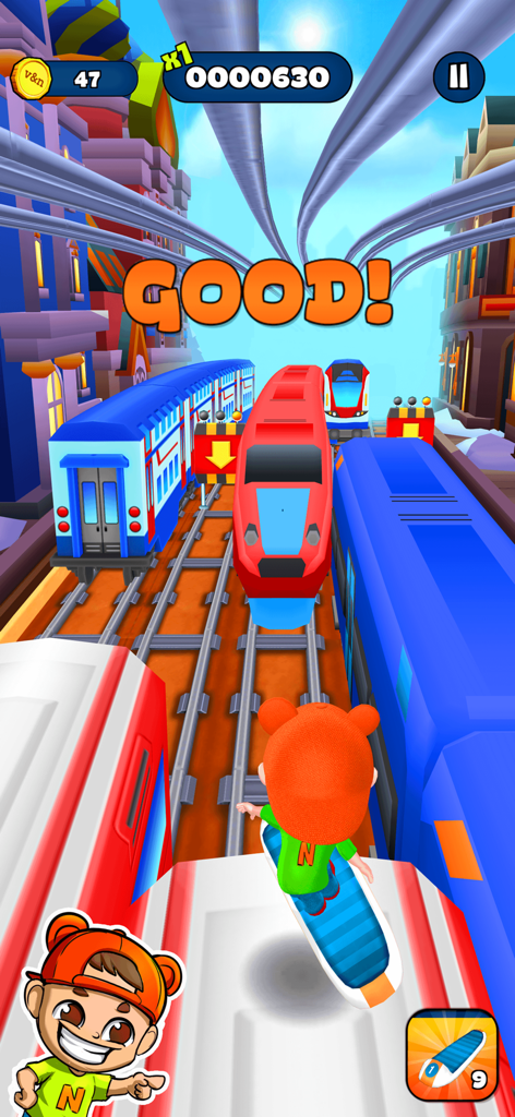 Jugabilidad de Vlad y Niki Run mostrando un personaje en una patineta flotante esquivando trenes coloridos