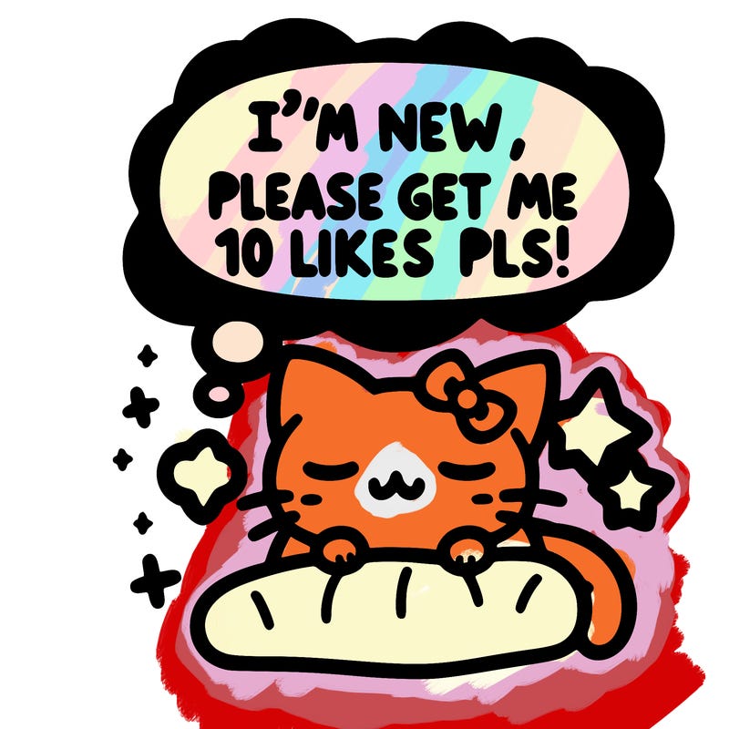 kitty taking a nap dream talking and saying "i'm new, please get me at least 10 likes pls!!"