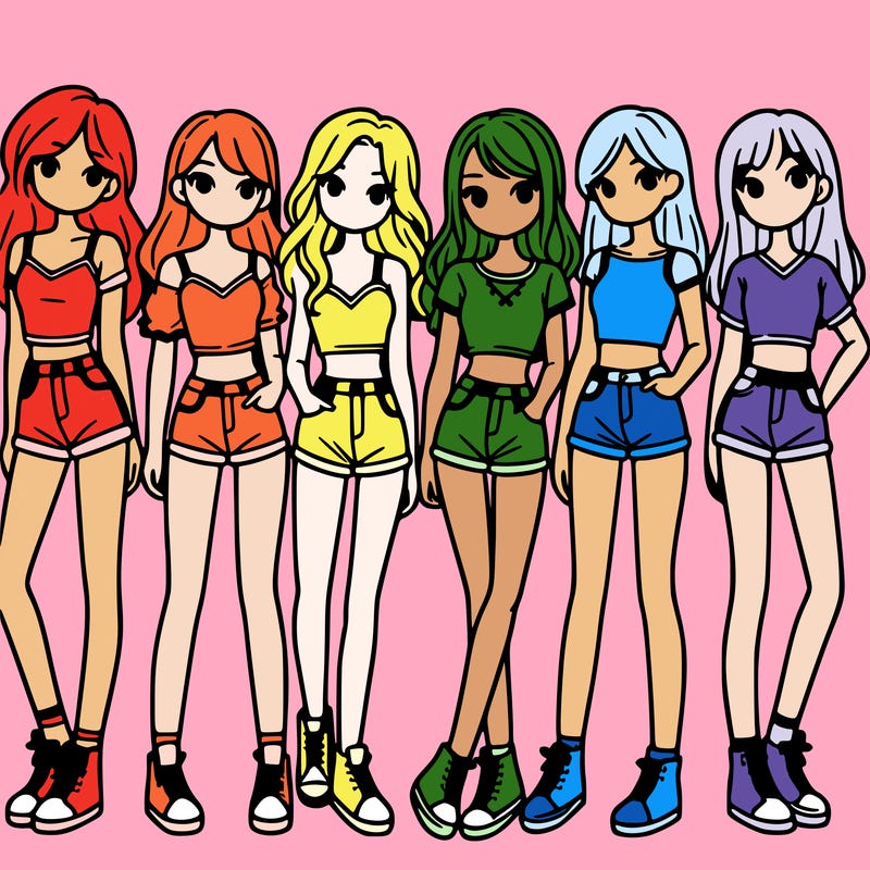 a group of girls wearing crop tops and shorts