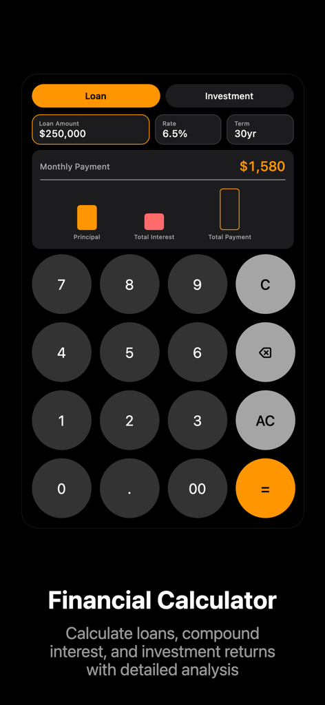 Calculator: Scientific+Finance - A financial calculator interface displaying a 30-year loan calculation for a 250,000 dollar mortgage with a monthly payment estimate.