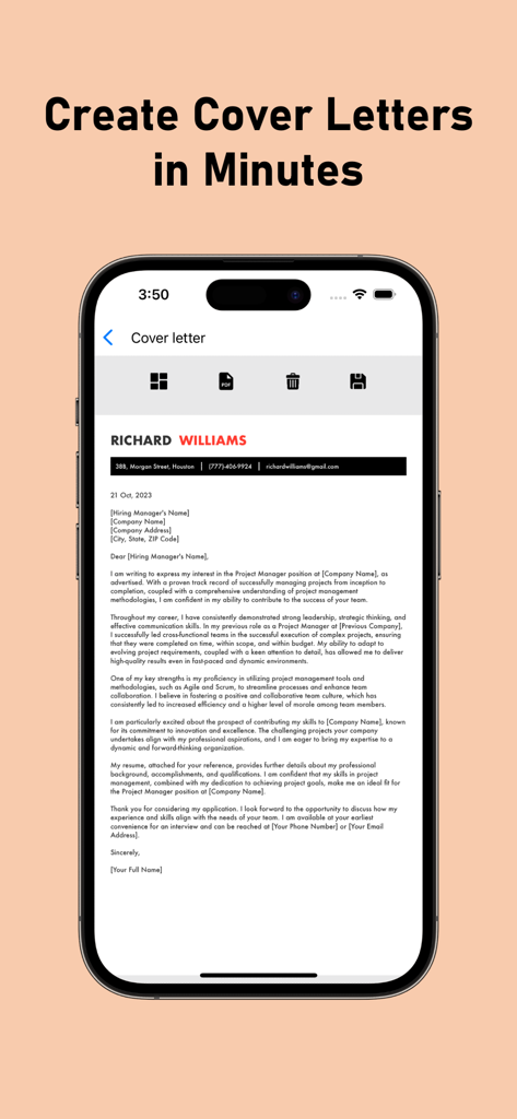 Cover Letter Creator with AI - Interfaccia dell'app mobile che mostra una lettera di presentazione generata per una candidatura di lavoro