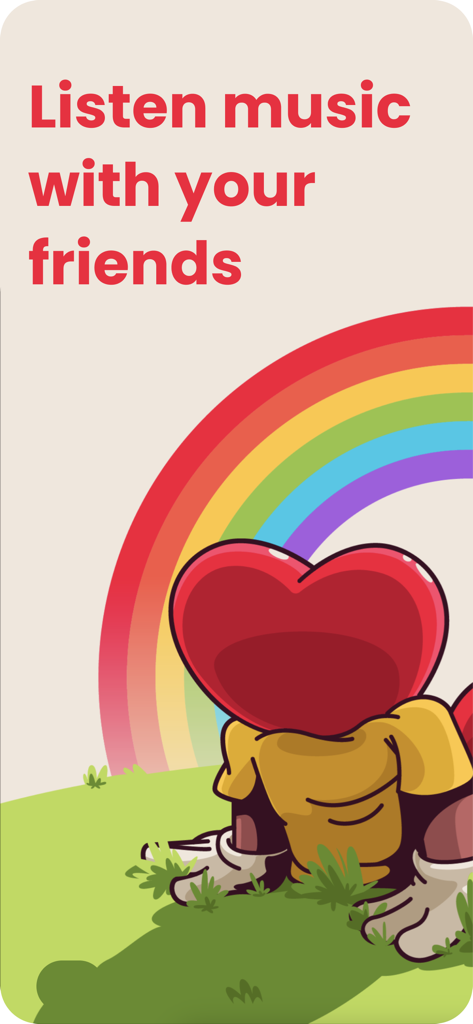 Groic : Listen music togther - Personaje de corazón de dibujos animados sentado bajo un arcoíris con texto promocionando la escucha social de música