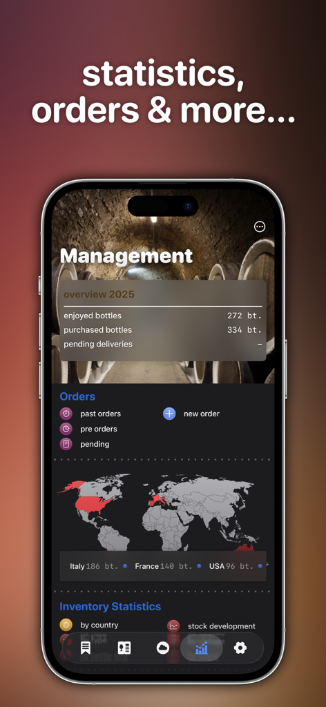 Wine Cellar Manager - A mobile app dashboard showing wine collection statistics, order tracking, and a world map of bottle origins.