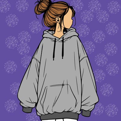 realistic girl with a oversized sweatshirt on and a bun