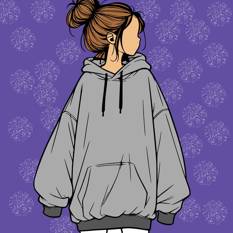 realistic girl with a oversized sweatshirt on and a bun