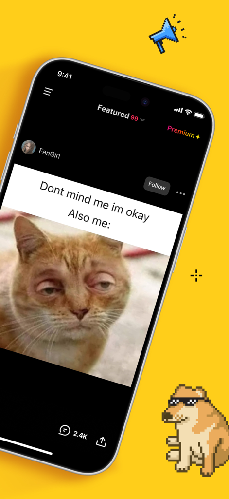 Interfaccia dell'app mobile iFunny che mostra un meme divertente di un gatto e un cane in pixel art su sfondo giallo