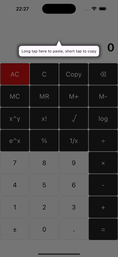 Big Number Calculator Pro - Big Number Calculator Pro app interface showing the keypad and a copy-paste instruction tooltip