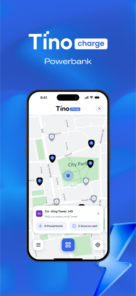 Tino: Lifestyle & Pay - Map view in the Tino app showing nearby powerbank rental locations with availability information.