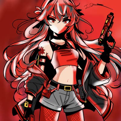 bad girl wearing crop top holding a gun long hair anime