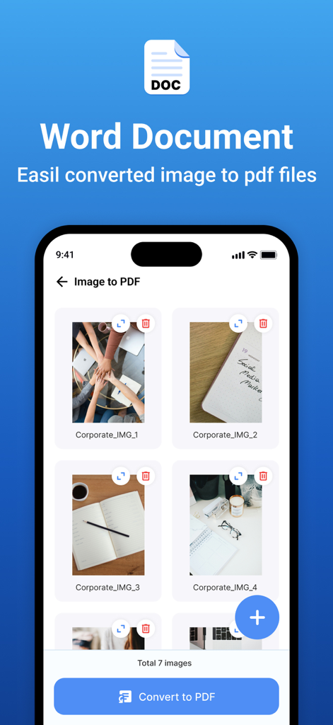 Word document - Interfaz de la aplicación móvil que muestra varias imágenes seleccionadas para ser convertidas en un único documento PDF