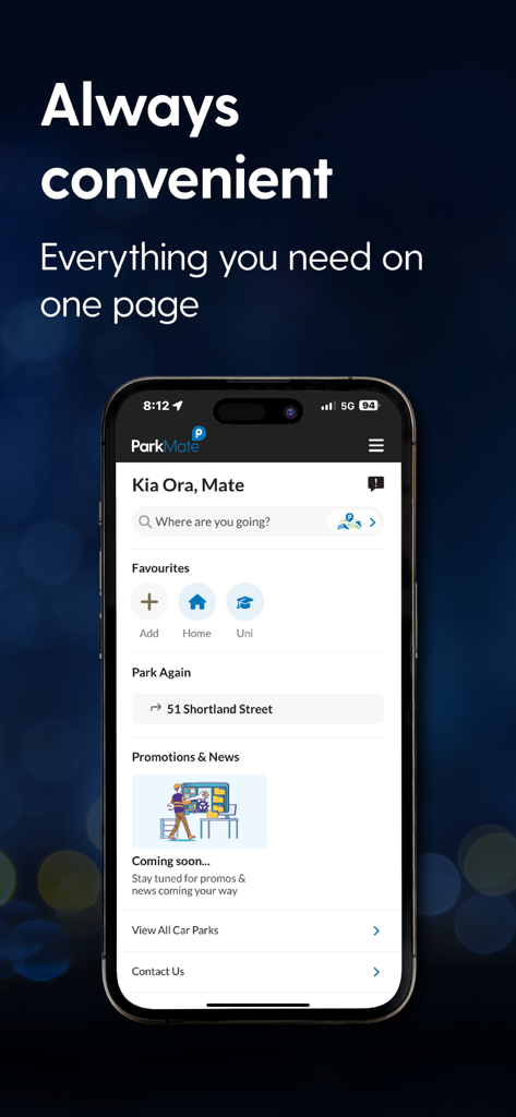 The home screen of the ParkMate mobile app on a smartphone displaying parking options and search features
