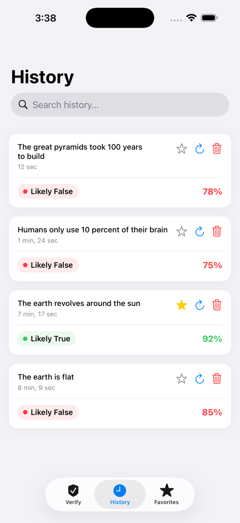 Truth Finder AI - The History screen of the Truth Finder AI app displaying a list of previously verified claims with their truthfulness verdicts and confidence scores.