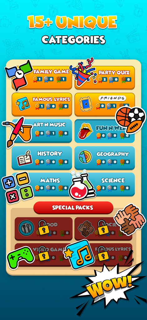 Uma tela de menu exibindo mais de 15 categorias únicas de trivia como Jogo em Família, História e Ciência para 2 a 4 jogadores