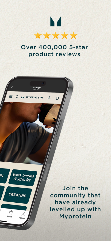 Myprotein app interface showing 400,000 five star reviews and product categories