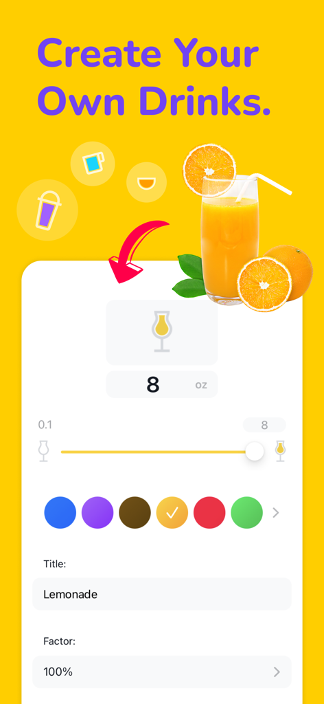Drink Tracker by Hydro Coach - User interface for creating a custom drink in the Hydro Coach app featuring color selection and volume adjustment.