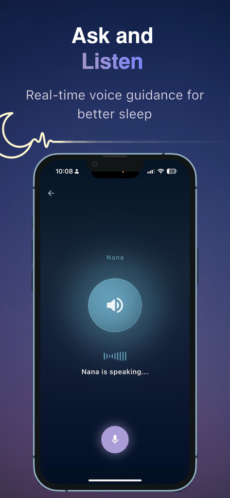 Nana: Baby Sleep Coach - Nana baby sleep coach app interface showing the real-time voice guidance feature with a speaker icon and waveform.