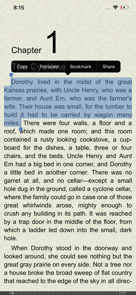 FBReader app interface showing text selection with options to translate and bookmark
