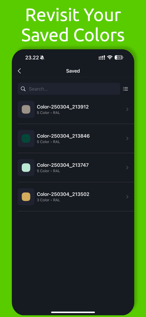 Color Identifier・Match Scanner - Una lista de paletas de colores guardadas e historial en la interfaz de la aplicación Color Identifier