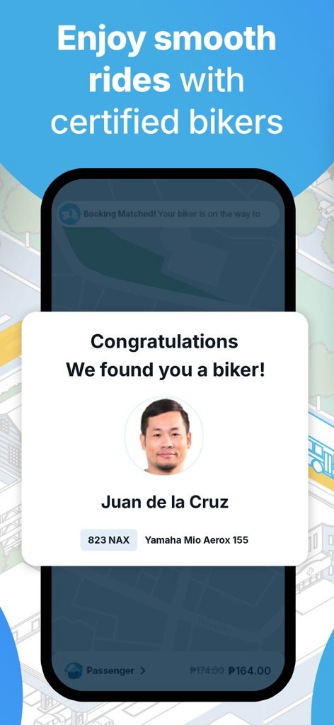 Angkas: Cheap Moto Taxi Rides - Una pantalla de la aplicación móvil que muestra una coincidencia confirmada de motociclista con detalles del conductor e información del vehículo.
