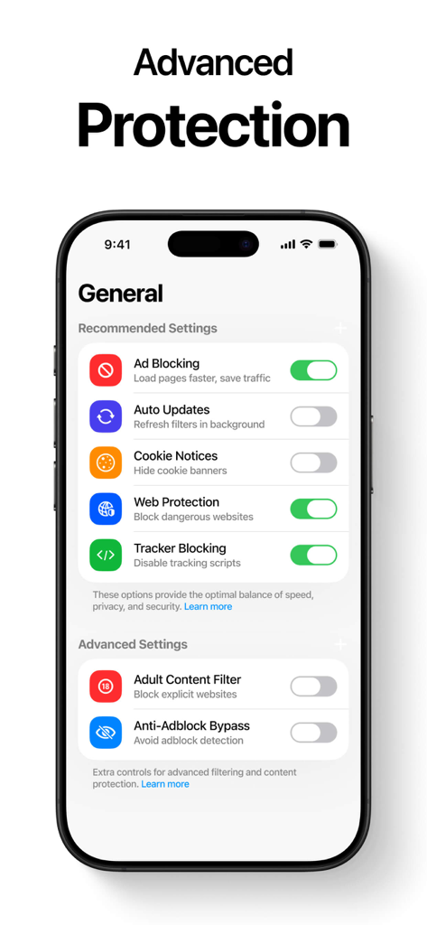Ad Blocker for Browser . - Advanced protection settings in the Ad Blocker app for Safari on iOS