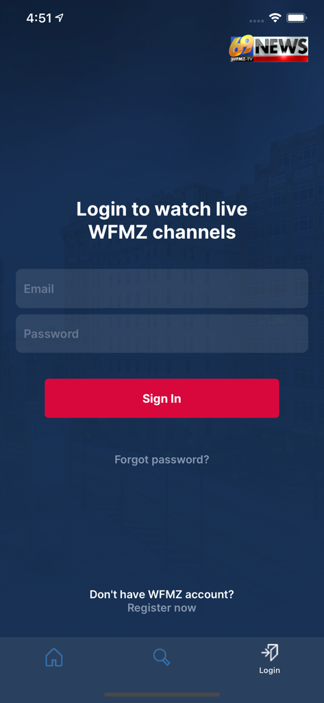 Login screen for the WFMZ plus streaming app featuring email and password input fields and a sign in button
