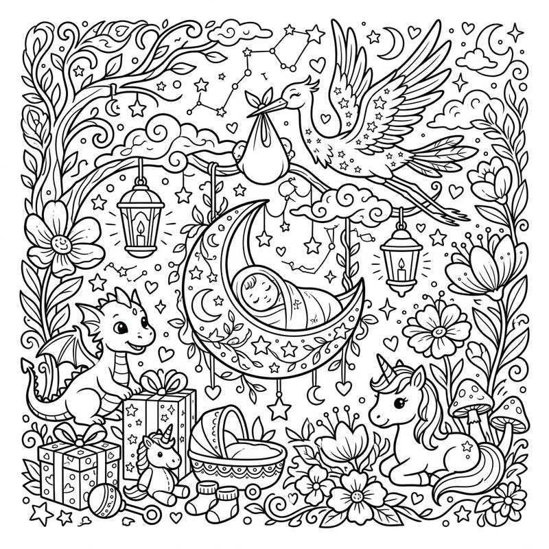 Embark on a heartwarming coloring journey with this unique Fantasy Baby Shower design, blending mythical charm with the joy of a new arrival. This intricate line art invites colorists of all ages to celebrate a magical welcome for the newest little one.