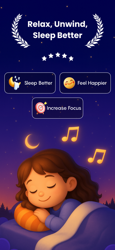 White Noise Sounds For Sleep - 少女がリラックス、リラックス、睡眠、より良い睡眠のテキストと、睡眠、幸福、集中のアイコンと共に平和に眠っているイラスト。
