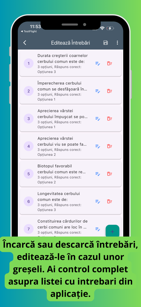 Interface of the Romanian hunter exam app for editing and managing exam questions