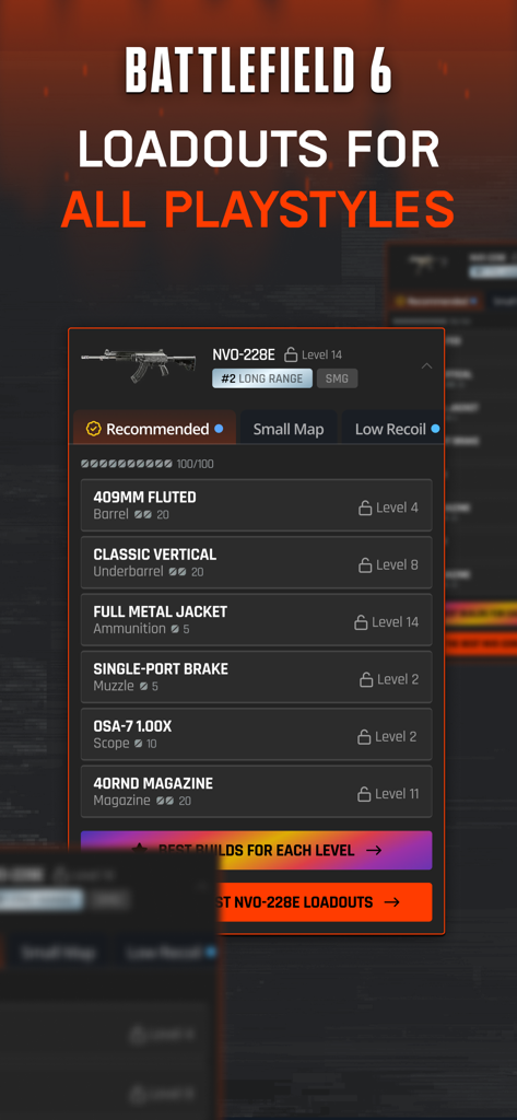BF6  Meta - BF6 Meta App-Oberfläche zeigt ein empfohlenes Waffen-Loadout mit spezifischen Aufsätzen für Battlefield 6