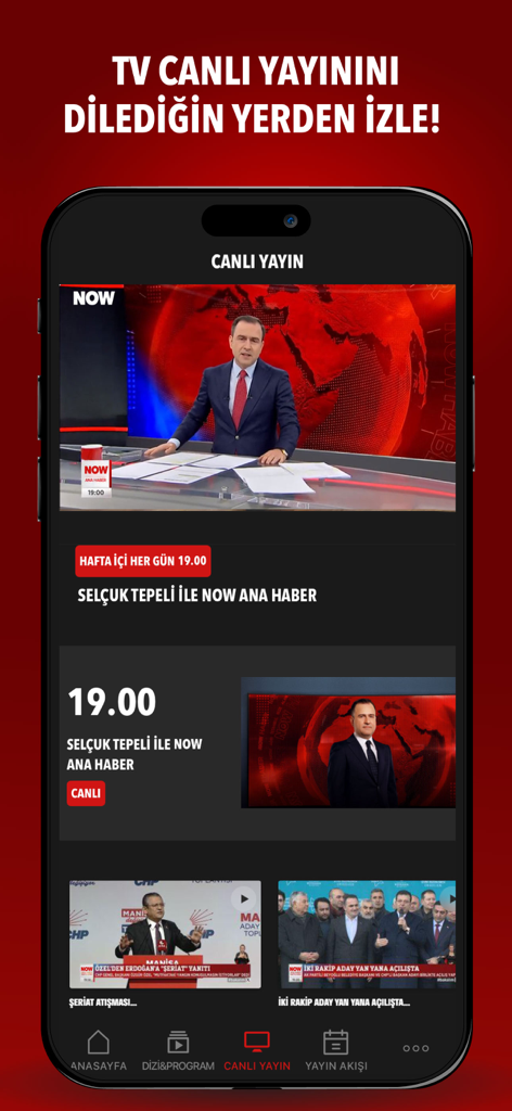 NOW Turkiye app interface showing live news broadcast with Selcuk Tepeli