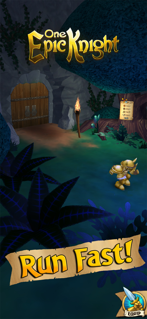 One Epic Knight mobile game screenshot showing a golden knight character in a dungeon with a Run Fast banner