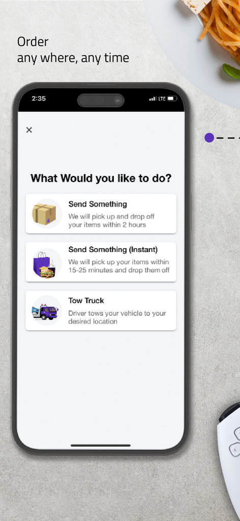 Oreem Delivery - اوريم للتوصيل - Mobile screen of Oreem Delivery app displaying delivery and towing services