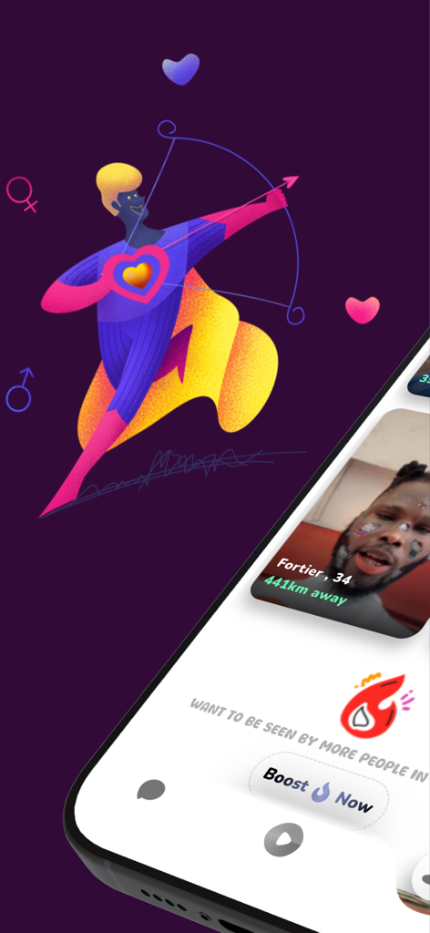 Olosho App - A screenshot of the Olosho dating app interface showing a user profile card and a boost button next to a stylized Cupid illustration.