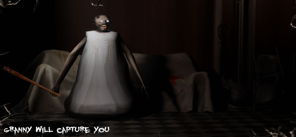 Scary Granny Nun Game 2019 - Scary granny character with glowing eyes holding a wooden bat