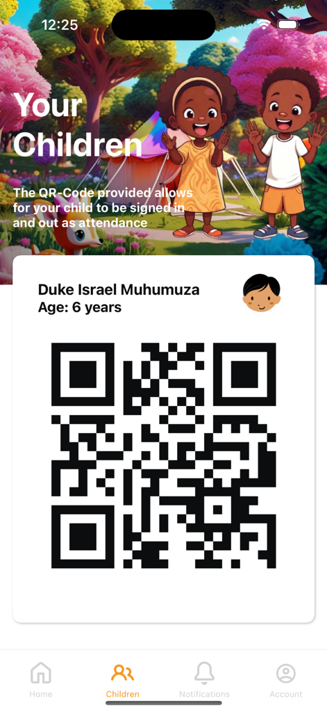 NextGen Parent app screen displaying a digital QR code for child sign-in and sign-out attendance.