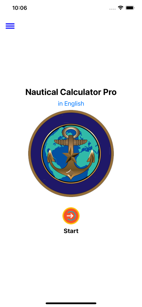 Nautical Calculator Pro - Home screen of Nautical Calculator Pro app featuring a gold anchor logo and a start button