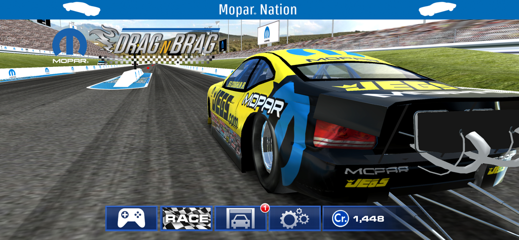 Mopar Drag N Brag - Mopar Drag N Brag game main menu showing a Jegs branded Pro Stock car on a drag racing strip