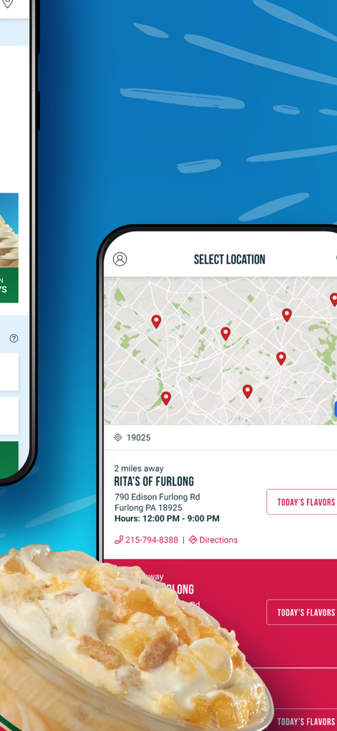 Rita's Ice - App móvil de Rita's Ice mostrando un mapa con ubicaciones de tiendas y detalles de Rita's of Furlong