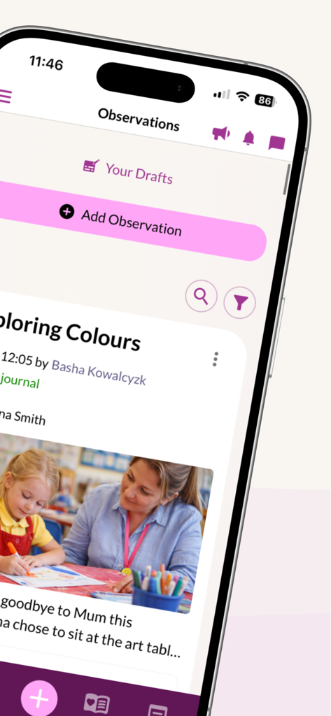 Mobile interface of the Tapestry Education Platform showing the observations feed and an add observation button