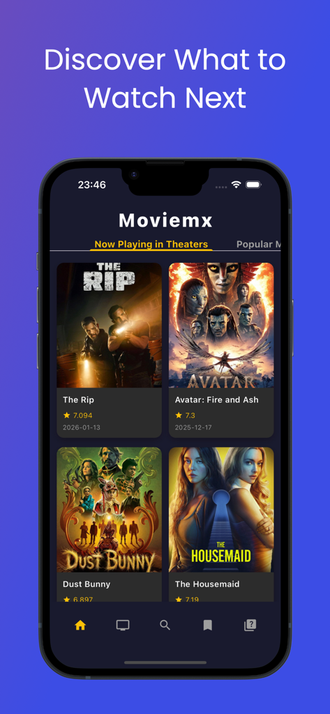 MovieMx : Movies & Tv Shows - 劇場で上映中の映画を表示するMovieMxアプリのインターフェース。タイトルと評価が表示されています。