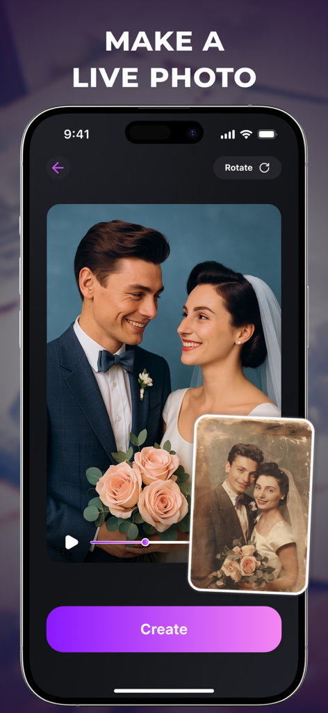 AI Photo Animator & Creator - AI photo animator app interface showing an old wedding photo restored and turned into a live photo