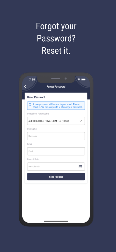 MeroShare - Pantalla de restablecimiento de contraseña para la aplicación MeroShare del mercado de capitales de Nepal
